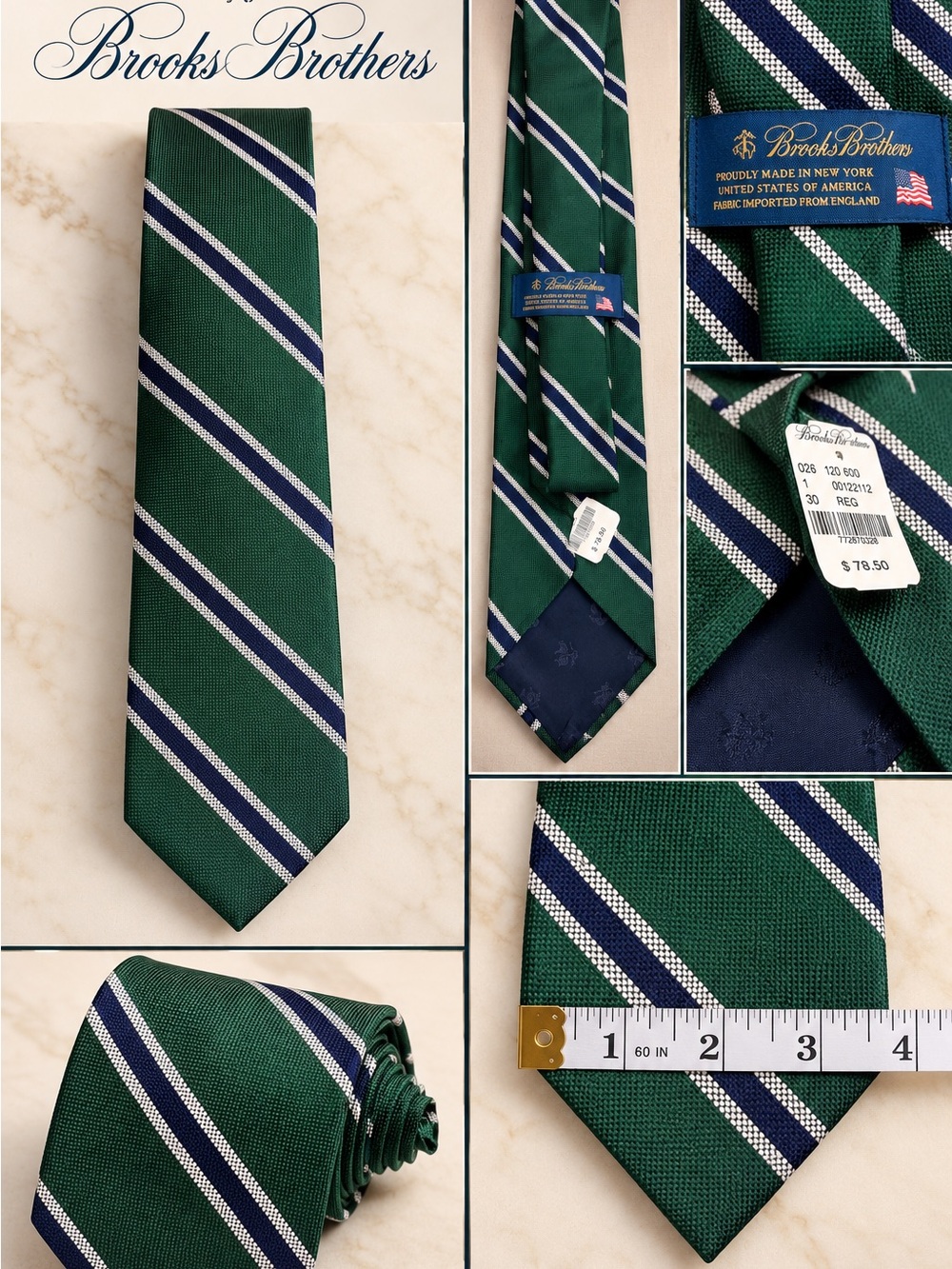 Brooks Brothers Green, Navy and White Striped Silk Tie